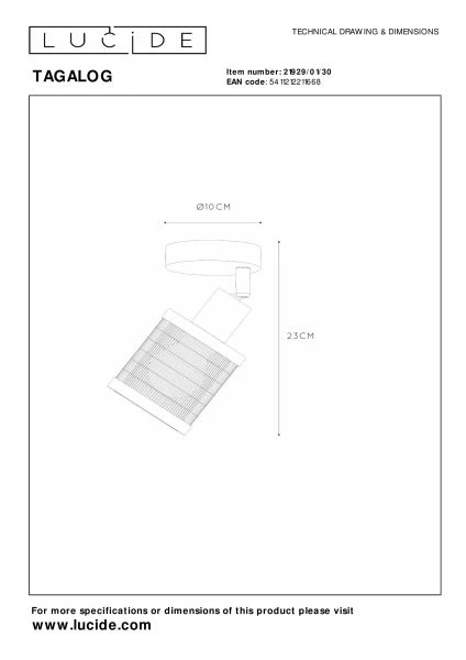 Lucide TAGALOG - Deckenstrahler - Ø 10 cm - 1xE27 - Schwarz - TECHNISCH